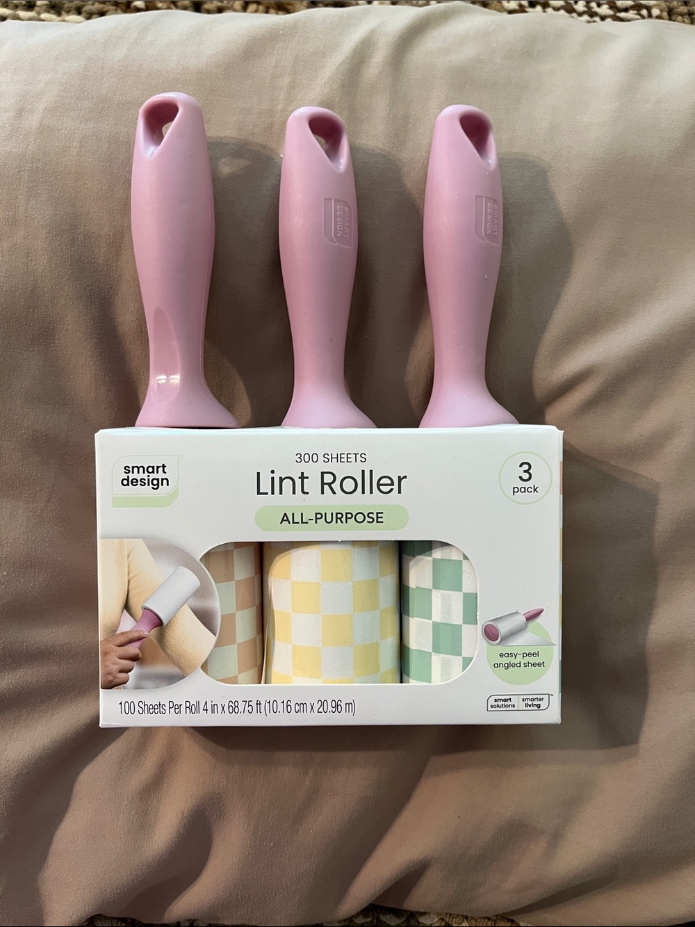 NIB Smart Design All-Purpose Lint Roller 3-Pack - Pink Handles, Pastel Sheets